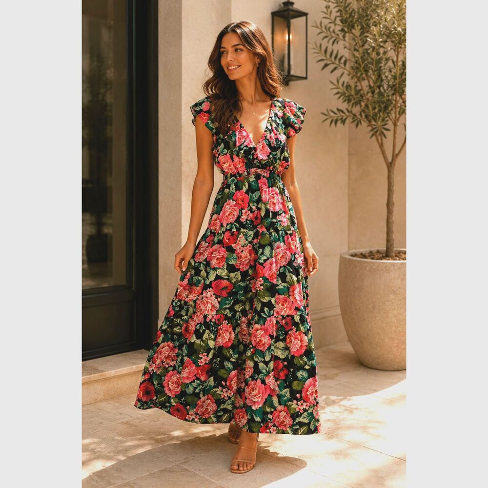 Buddy Love Crawford Ruffle Sleeve Maxi Dress Rosa Floral Size S